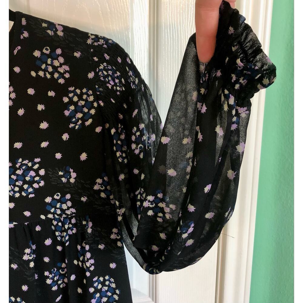 Urban Outfitters Size XS Black Floral Long Sleeve Mini Dress Tie Front Crepe - Picture 4 of 7